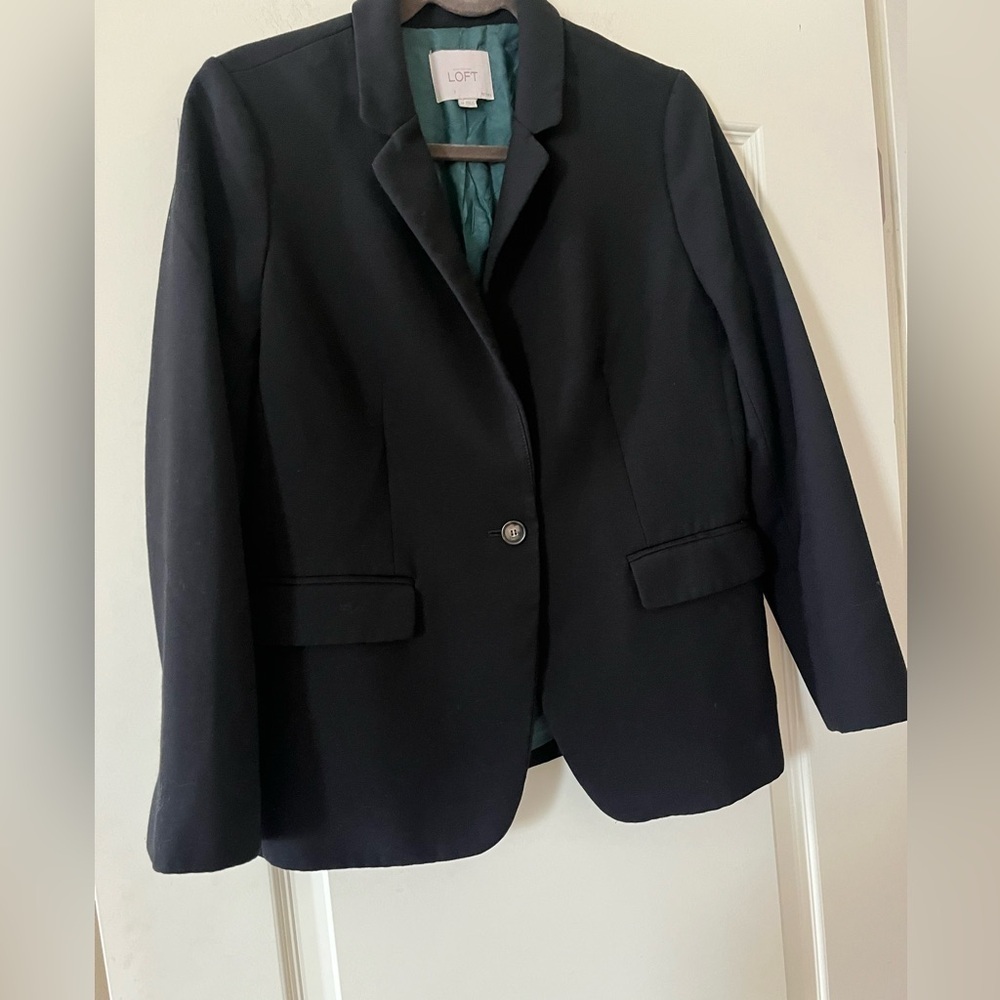 Loft Black Blazer Suit Jacket One Button Closure with Teal Lining Size 8 Petite - Picture 9 of 15